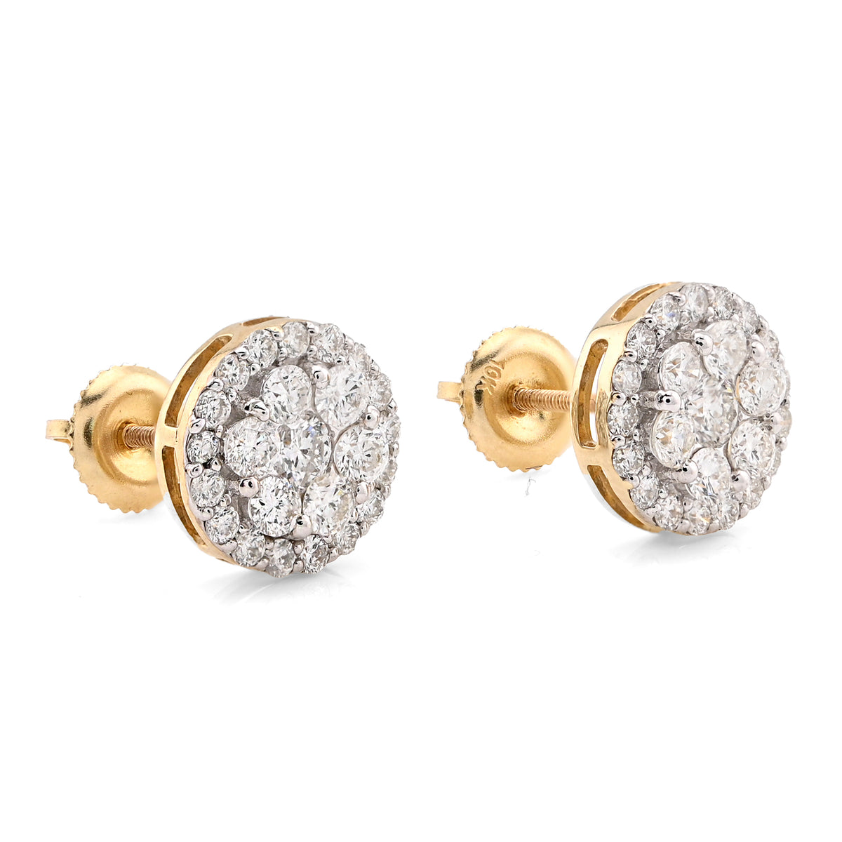 10K Yellow Gold 1.37CT Halo Cluster Flower Studs Natural Diamond Men Women Earrings — view 2