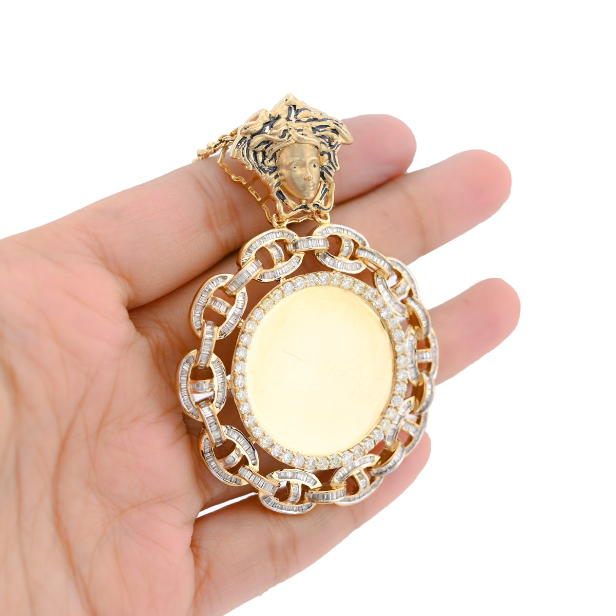 10K Yellow Gold Baguette Cuban Link Medusa 4.18CT Natural Diamond Memory Picture Pendant Men Women Charm — view 4