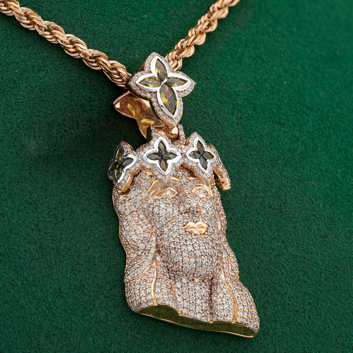Jesus Charm w/ Clover Bail 2.6ct Natural Diamond 10K Gold Men Pendant