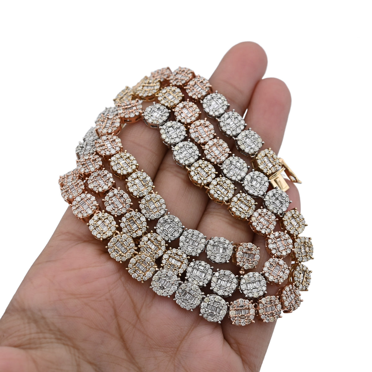 10K Yellow, White & Rose Gold 18.95 CT natural Diamond Round/Baguette 3 Tone Round Shape Tennis Chain — view 3