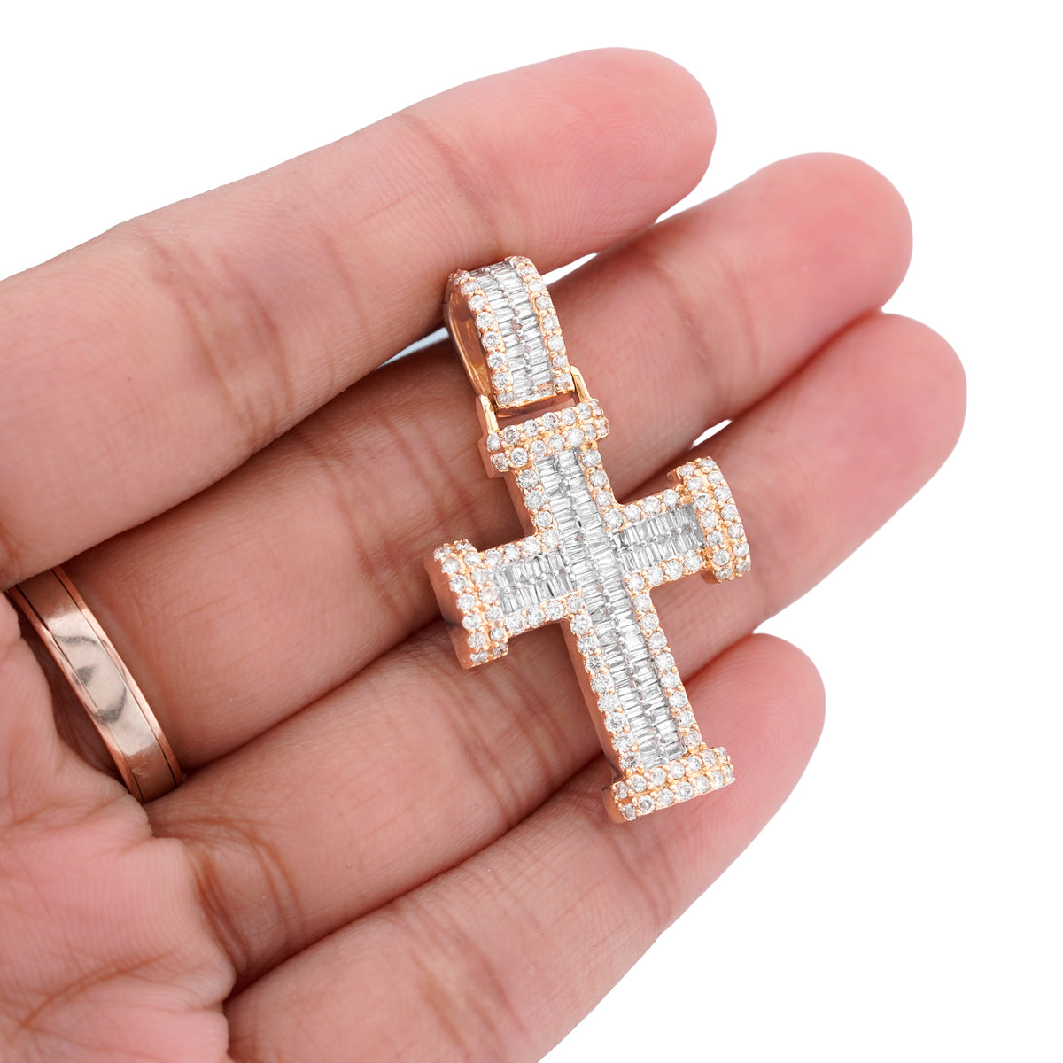 Cross Charm Baguette/ Round 1.55ct Natural Diamond 10K Gold Men Women Pendant