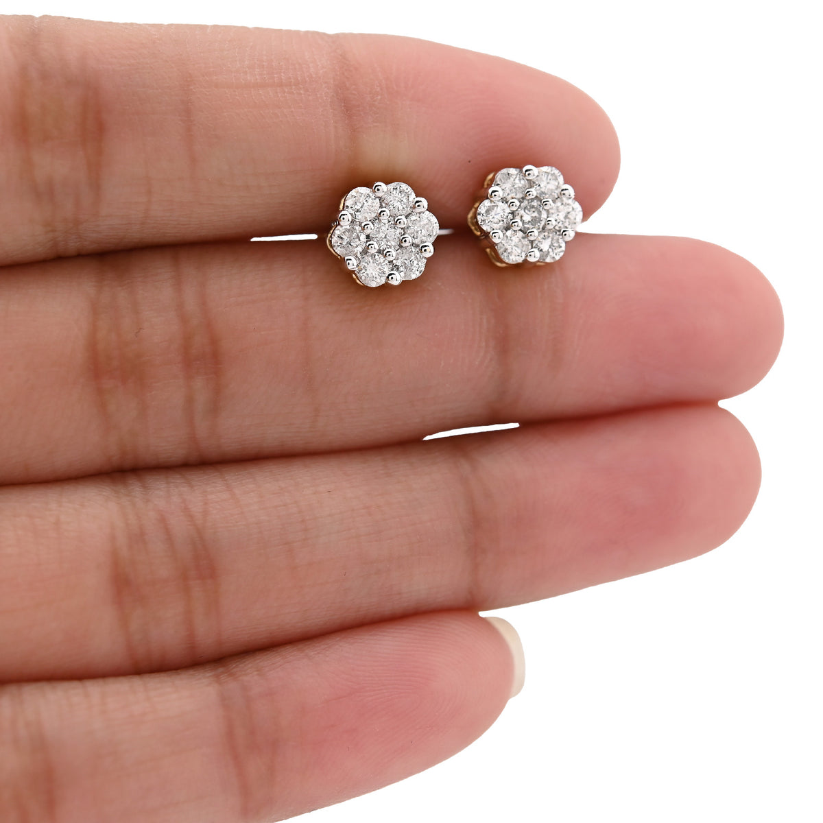 10K Yellow Gold 0.77CT Natural Diamond Flower Stud Men Women Earrings — view 5