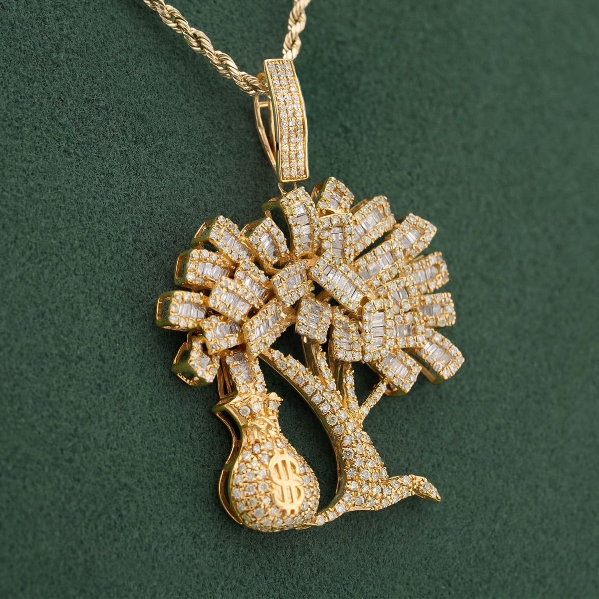10K Yellow Gold Money Tree/ Money Bag Charm 3CT Round/Baguette Natural Diamond Charm — view 4