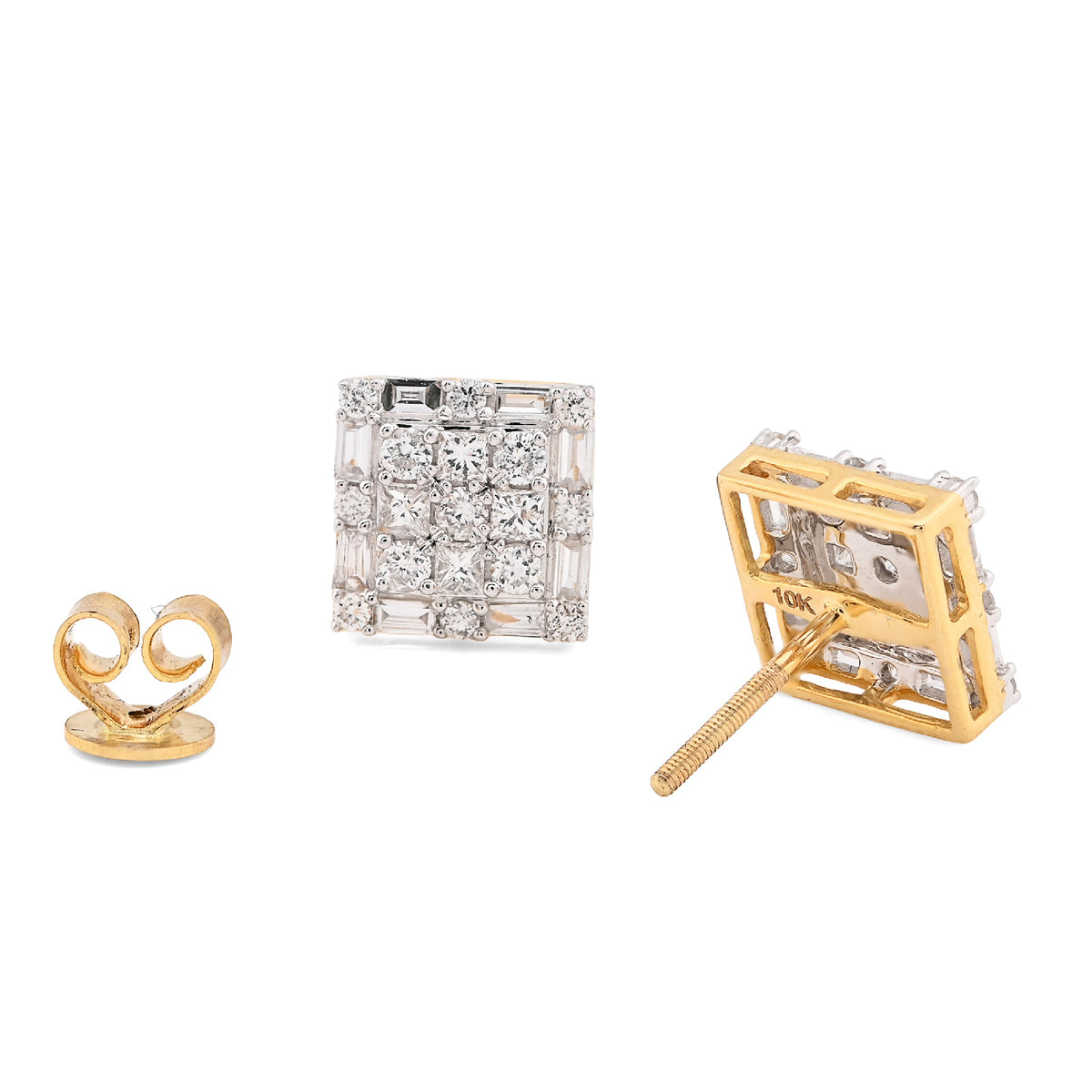 10K Yellow Gold 1.26CT Round/Baguette Natural Diamond Square Cluster Studs Men Women Earrings — view 3