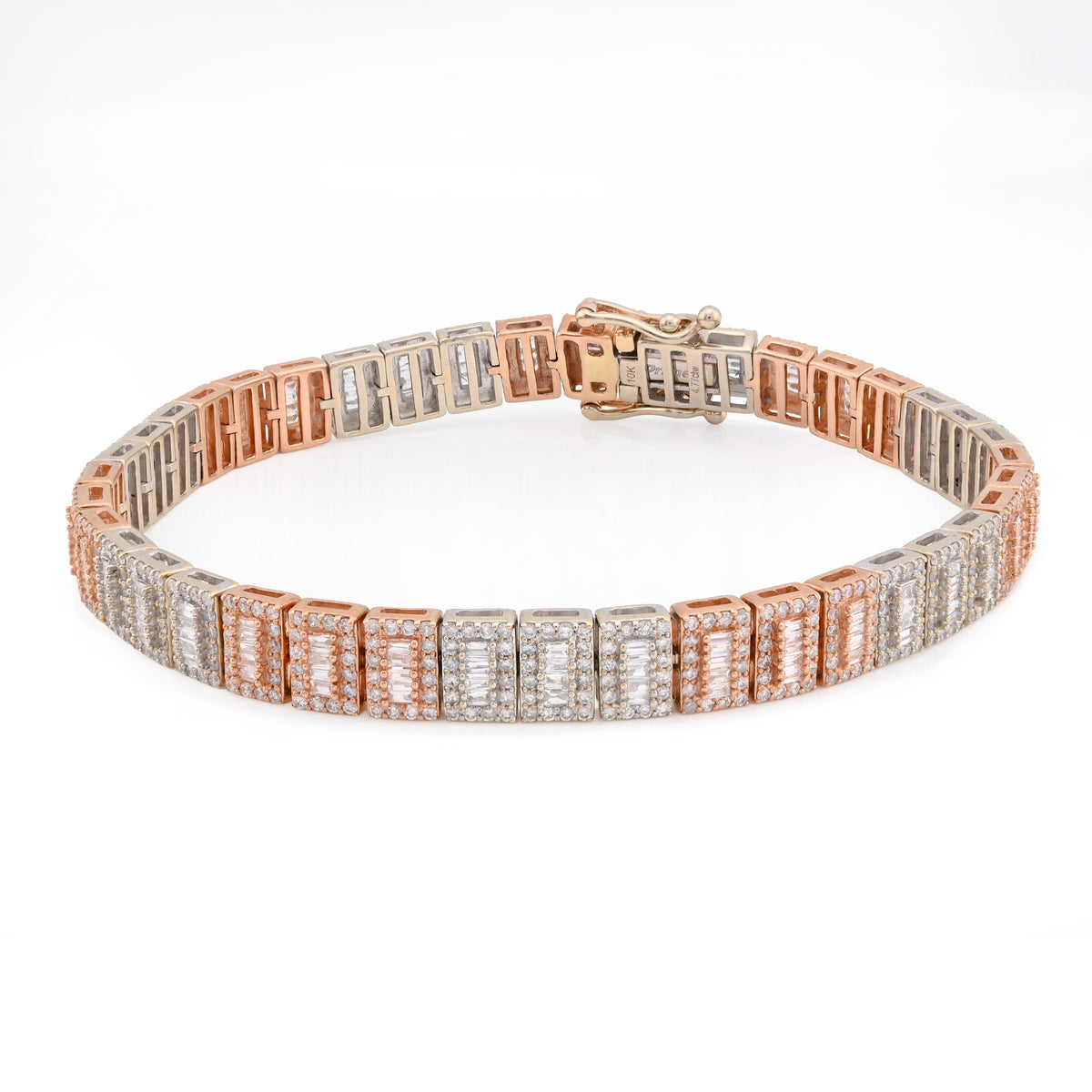 10K Rose/White Gold 2 Tone 4.77CT Natural Baguette/Round Diamond 7MM 8" Tennis Bracelet 23.7g — view 1