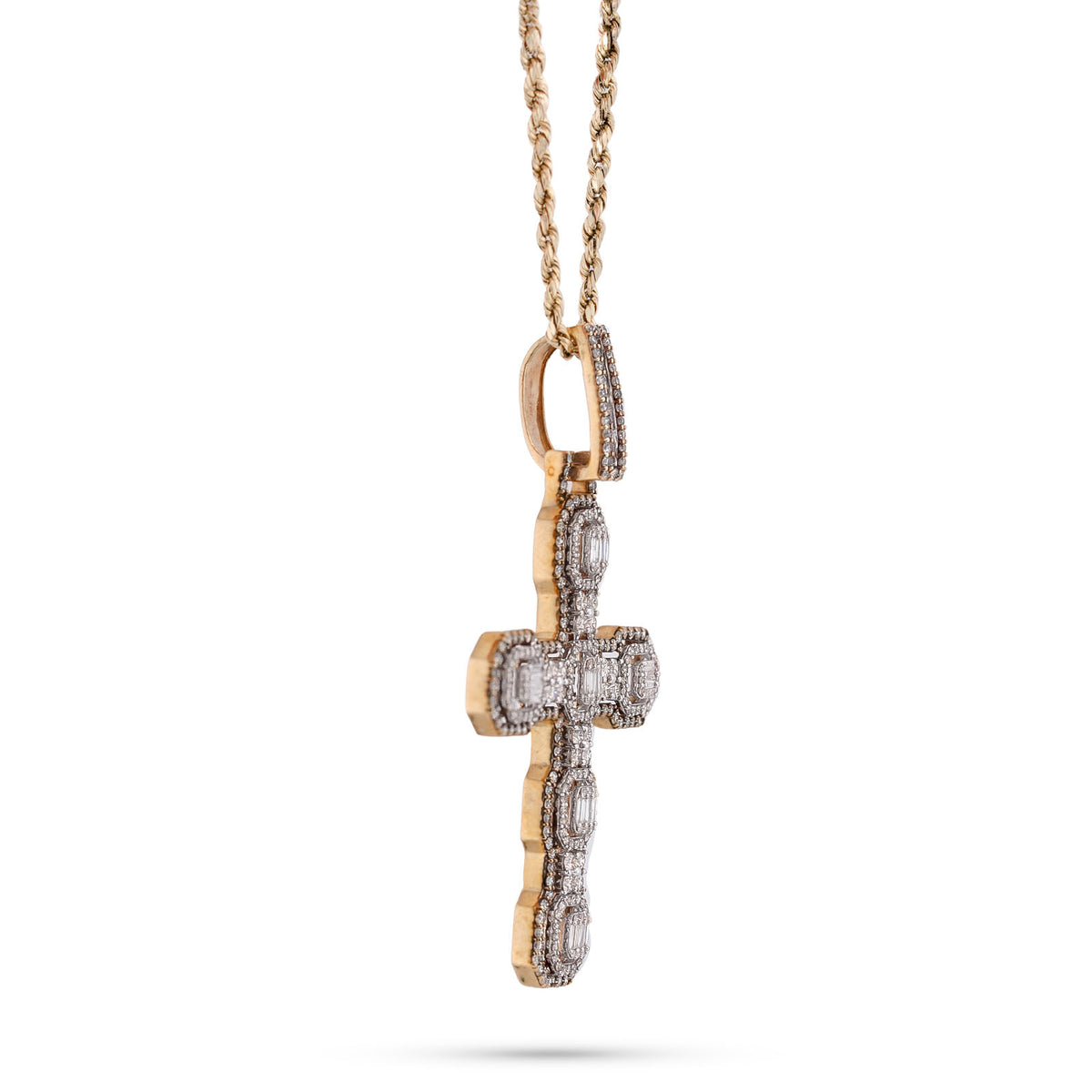 10K Yellow Gold 6.75CT Block Cross Pendant Round/Baguette Natural Diamond Charm — view 2