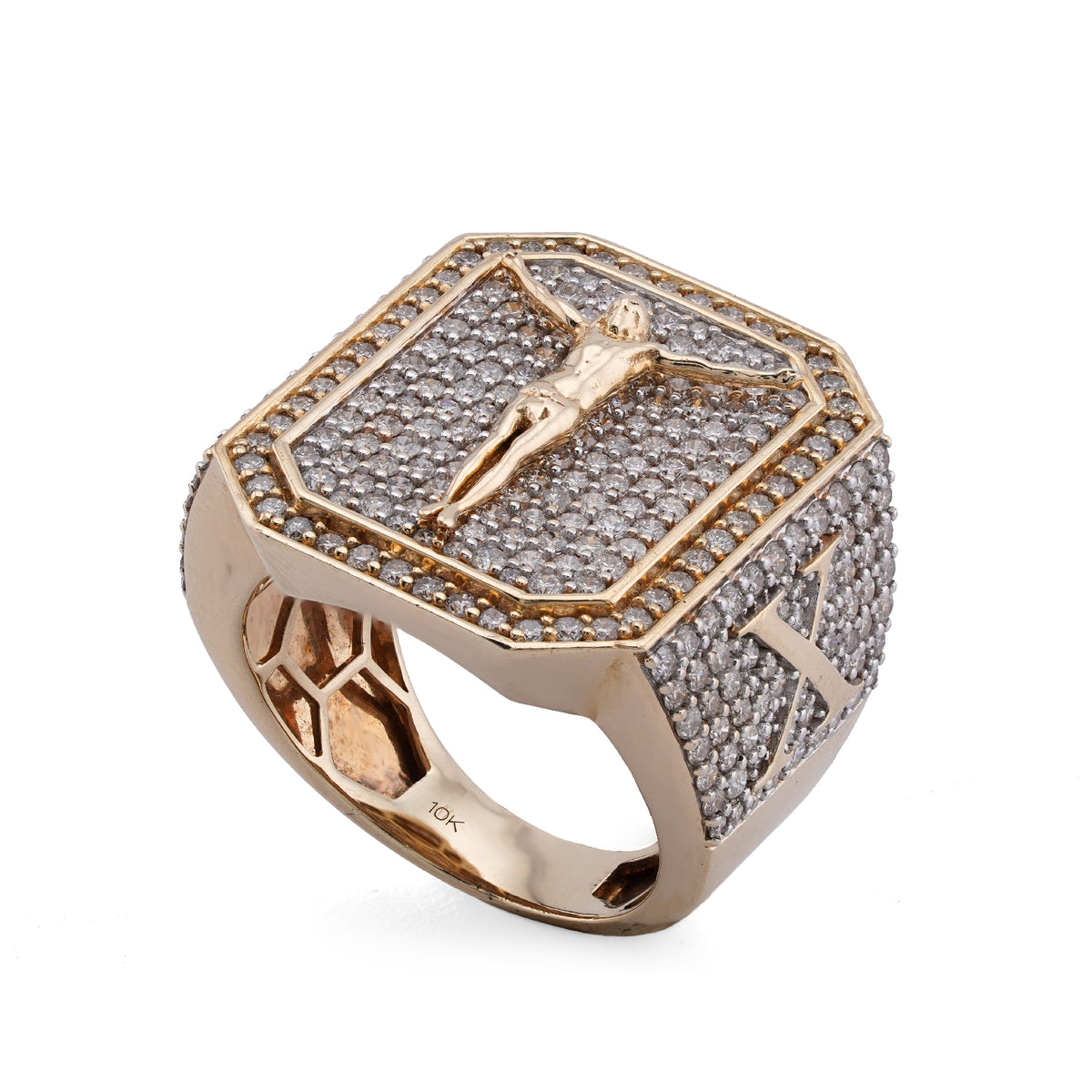 10K Yellow Gold Octagon Shape 3.95CT Natural Diamond Hanging Jesus Men Pinky Ring — view 6