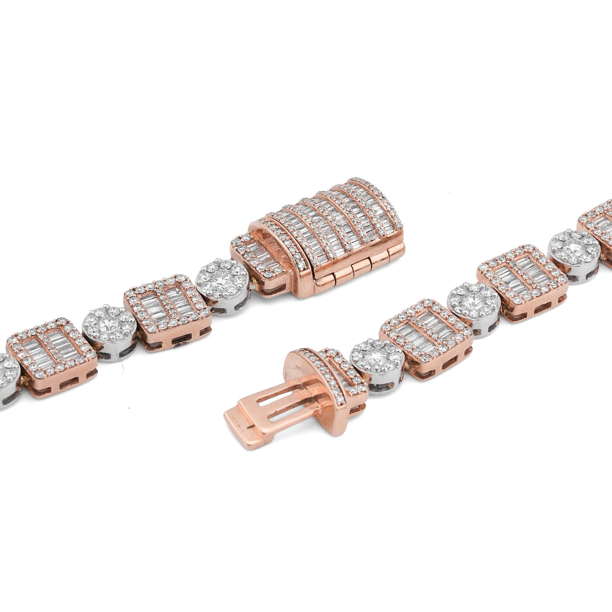 10K Rose/White Gold Square Round Link Natural Round/Baguette Diamond Men Women Tennis Chain — view 4