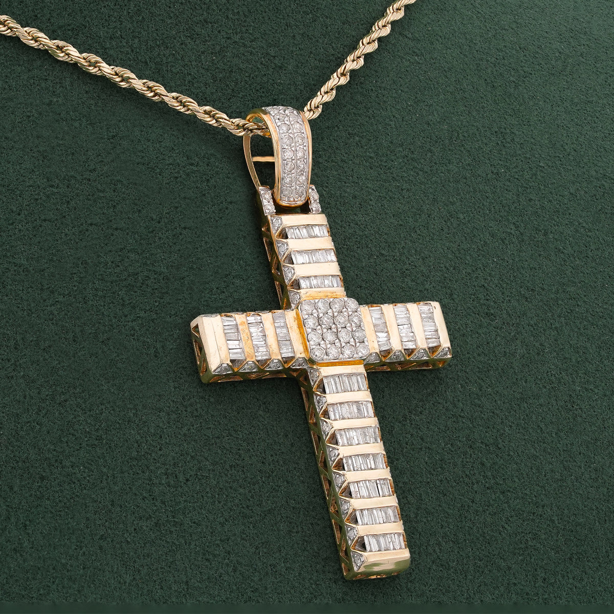 Cross Pendant 10K Yellow Gold 2ct Natural Diamond Round/Baguette Mens Womens Charm
