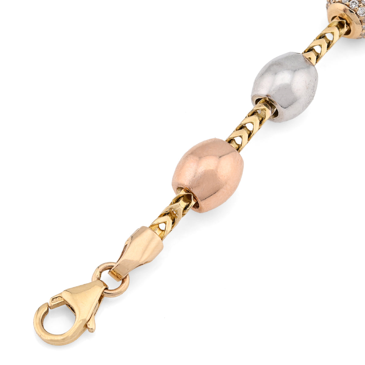 14K White/Yellow/Rose Gold 2.27CT Natural Diamond Round Bead Franco Link 41.4g Bracelet  — view 6
