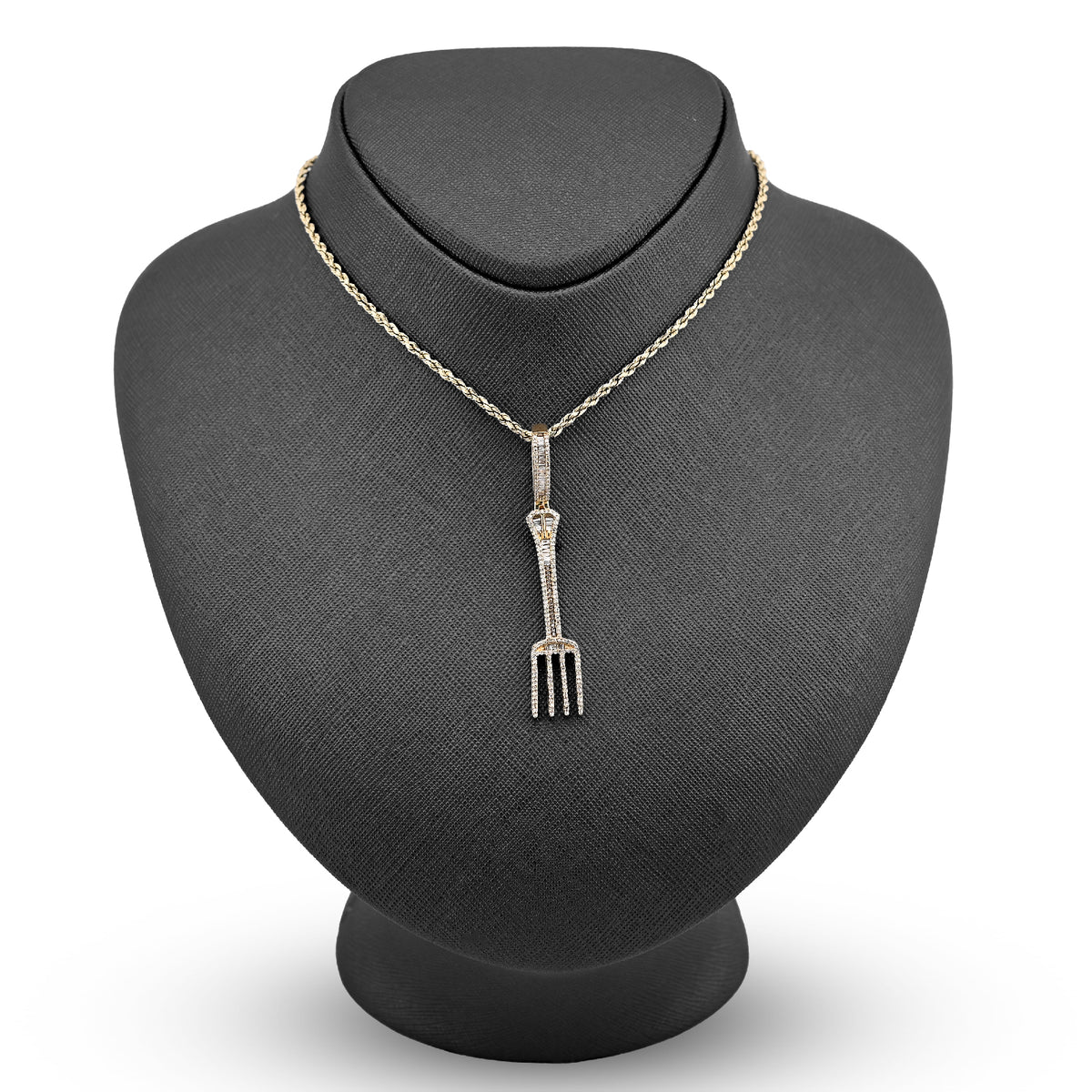 10K Yellow Gold 0.70Ct Natural Diamond Round/Baguette Fork Pendant 2.5" Men Women Pendant 7.8G — view 3