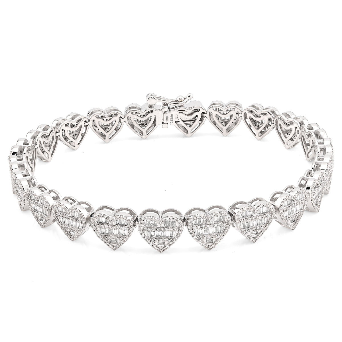 10K White Gold 2.52CT Round/Baguette Natural Diamond 7.5MM Tennis Heart Bracelet 7" 14.9g — view 2