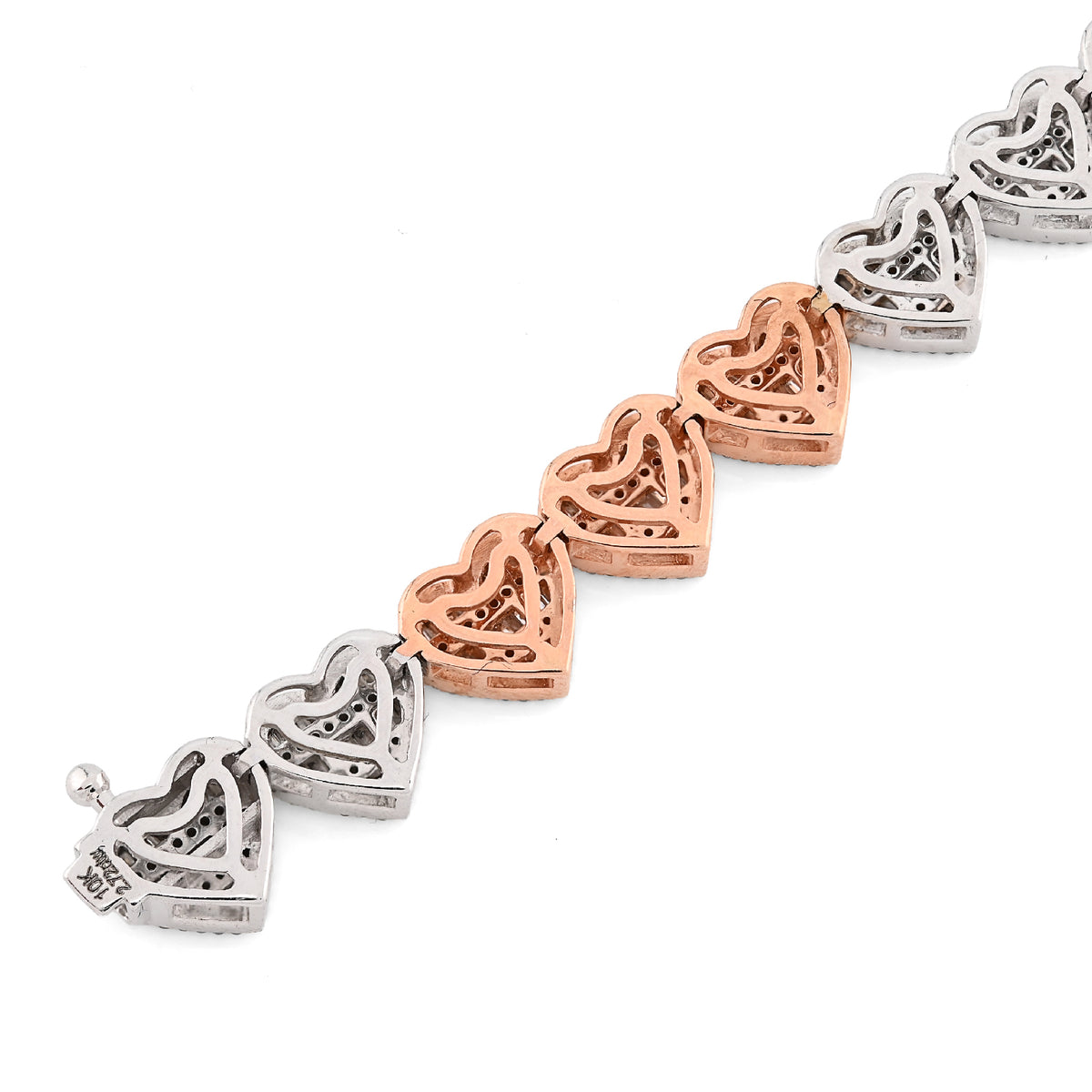 10K Rose & White Gold 2 Tone 2.72CT Round/Baguette Natural Diamond 7.5MM Tennis Heart Bracelet 7" 14.8g — view 4