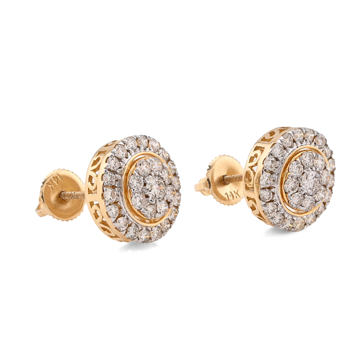 14K Yellow Gold 1.25CT Natural Diamond Round Cluster Halo Shape Men Women Earrings — view 3