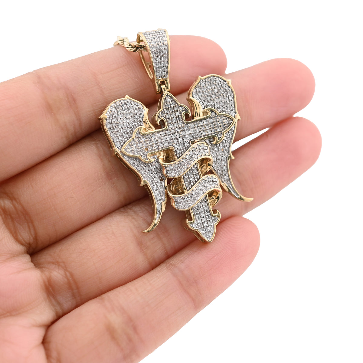 10K Yellow Gold Cross with Angel Wings 0.83CT Natural Diamond Charm Men Women Pendant — view 4