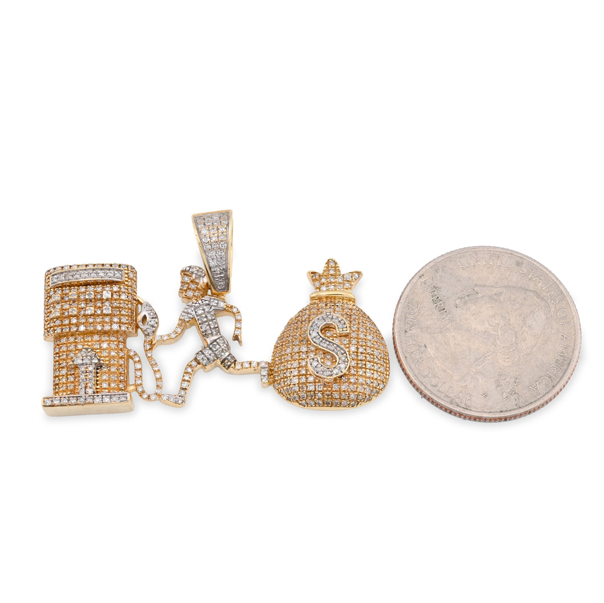 10K Yellow Gold Custom "Pump Human Money Bag" 0.86CT Natural Diamond Pendant Charm — view 9
