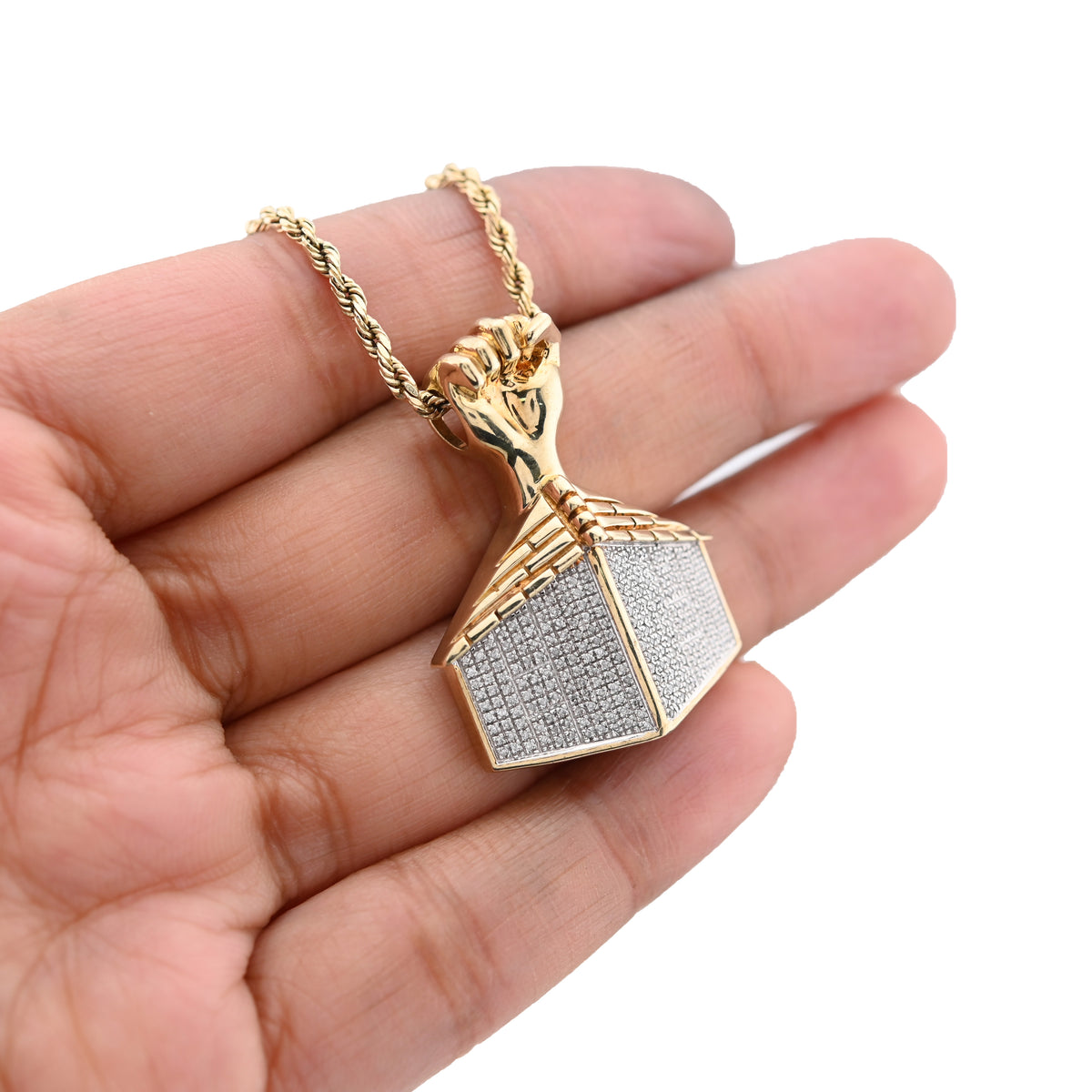 10K Yellow Gold House Shape Pendant Close Fist 1.10CT Natural Diamond Men Women Charm — view 8