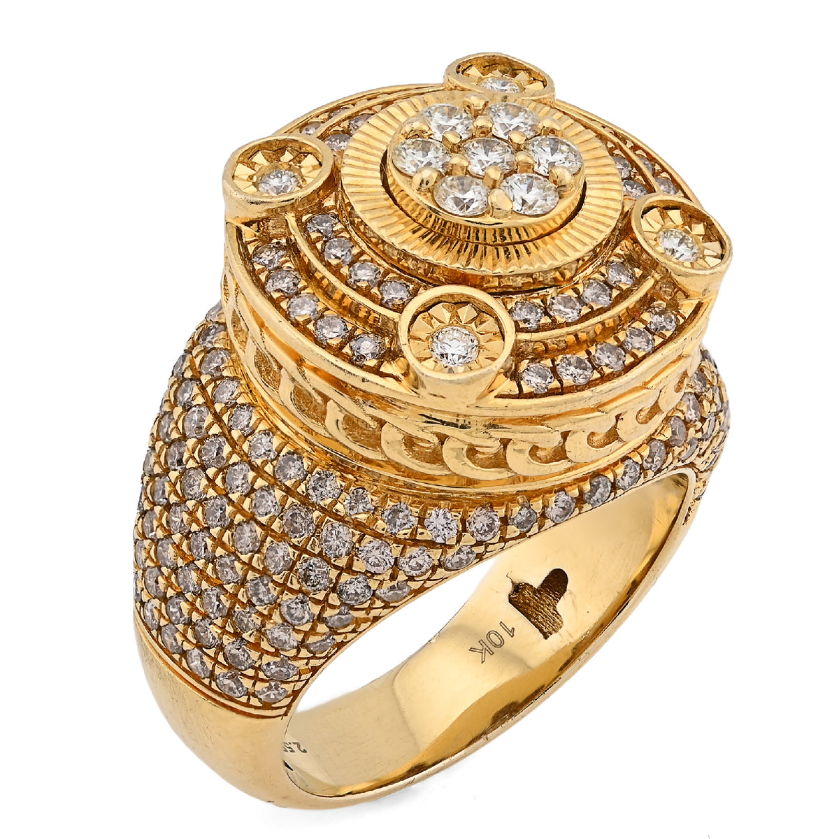 10K Yellow Gold Flower Cluster Multi Halo 2.55CT Natural Diamond Men Side Iced Pinky Ring — view 3