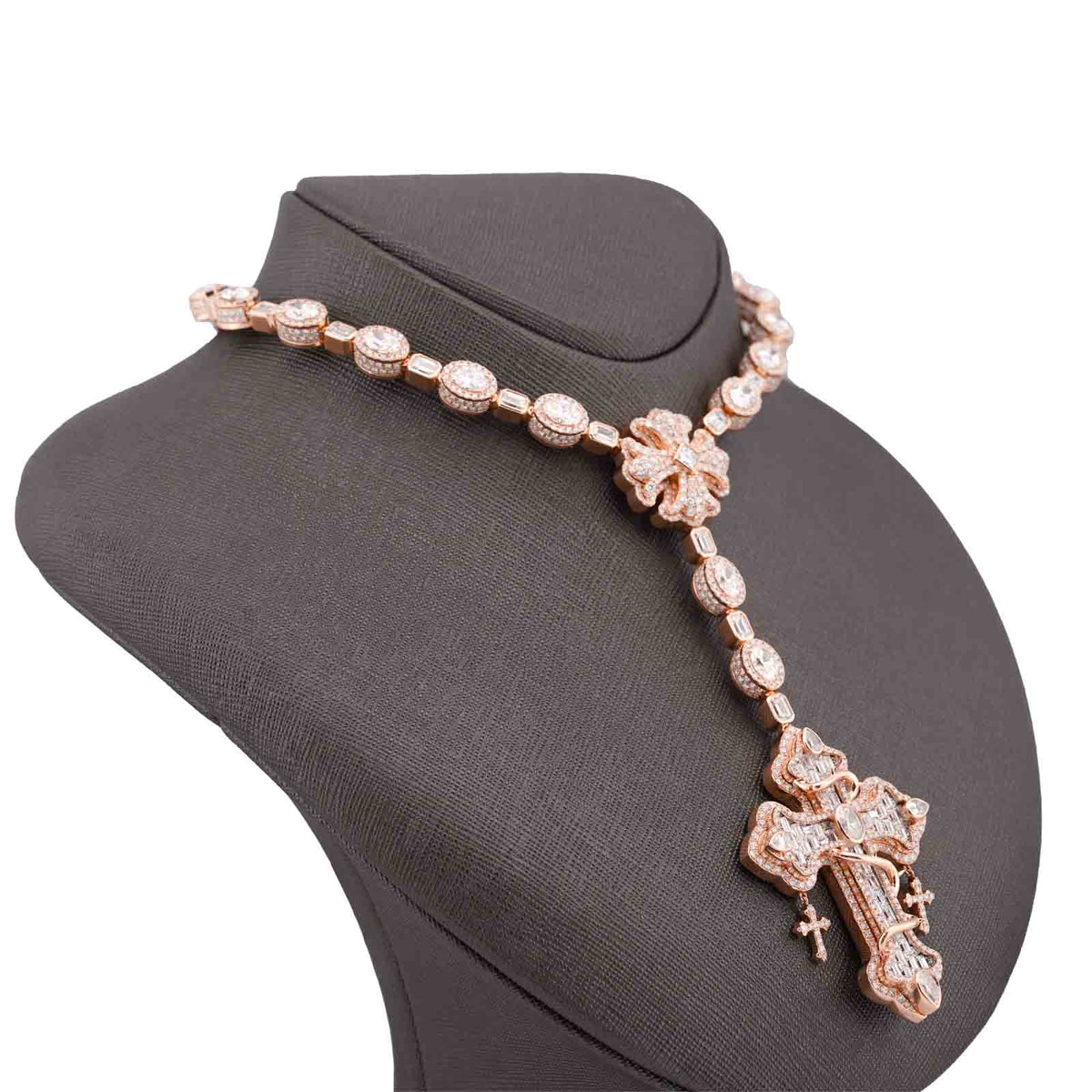 925 Rose/White 60.61CT Oval/Emerald/PRincess/Pear Solitaire Cross Lab Diamond Men Women Rosary Chain — view 10