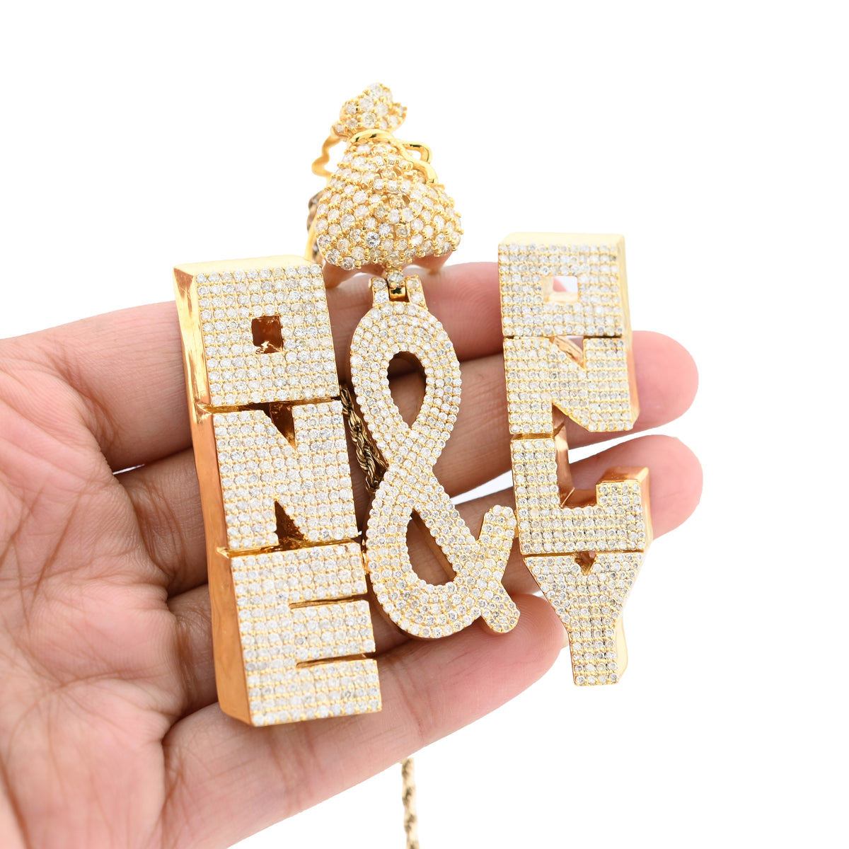 10K Yellow Gold "ONE & ONLY" Money Bag Custom Pendant 8CT Natural Diamond Men Charm — view 4
