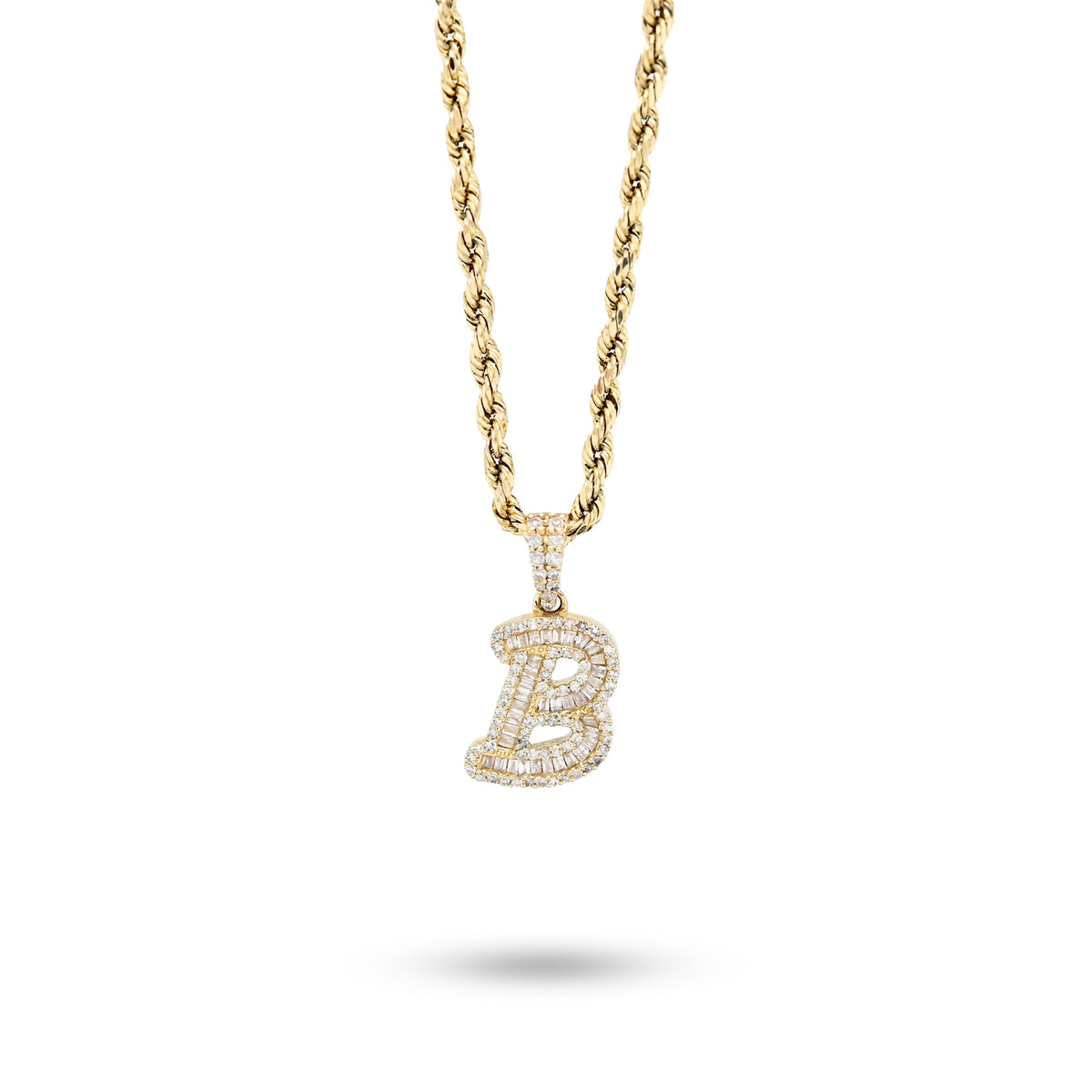 10K Yellow Gold 3/8 CTW Natural Diamond "B" Initial Pendant Round/Baguette Diamond CHarm — view 2