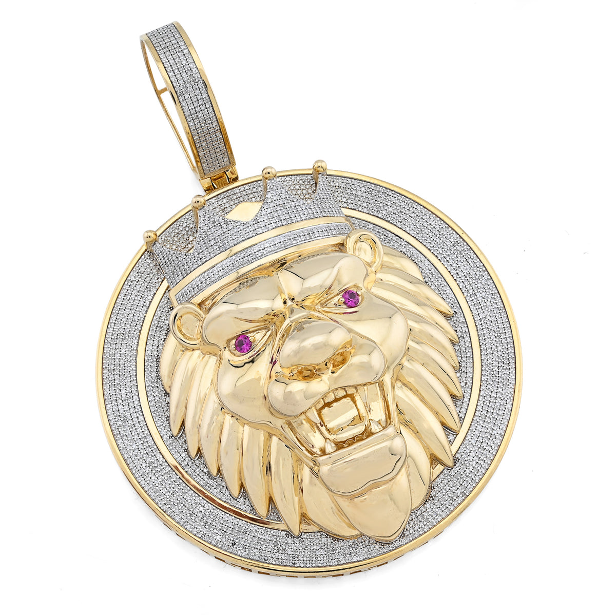 10K Yellow Gold 3 CT natural Diamond Lion Face Crown Round Shape 89.2 MM Pendant Men Charm 43.6 g — view 5