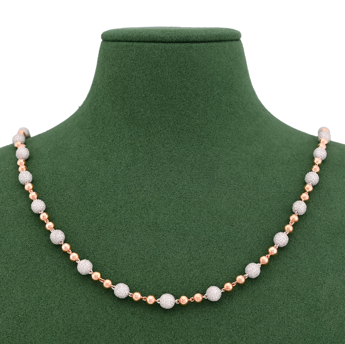 Bead Ball Chain Rose/White 10K Gold Natural Diamond 9.96CT 22" Necklace — view 2