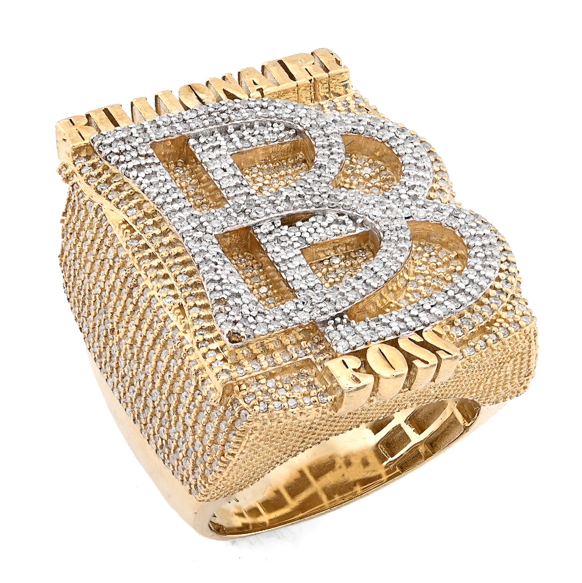 10K Yellow Gold 2.65CT BILLIONAIRE BOSS BB Initial Big Natural Diamond Men Custom Pinky Ring — view 3