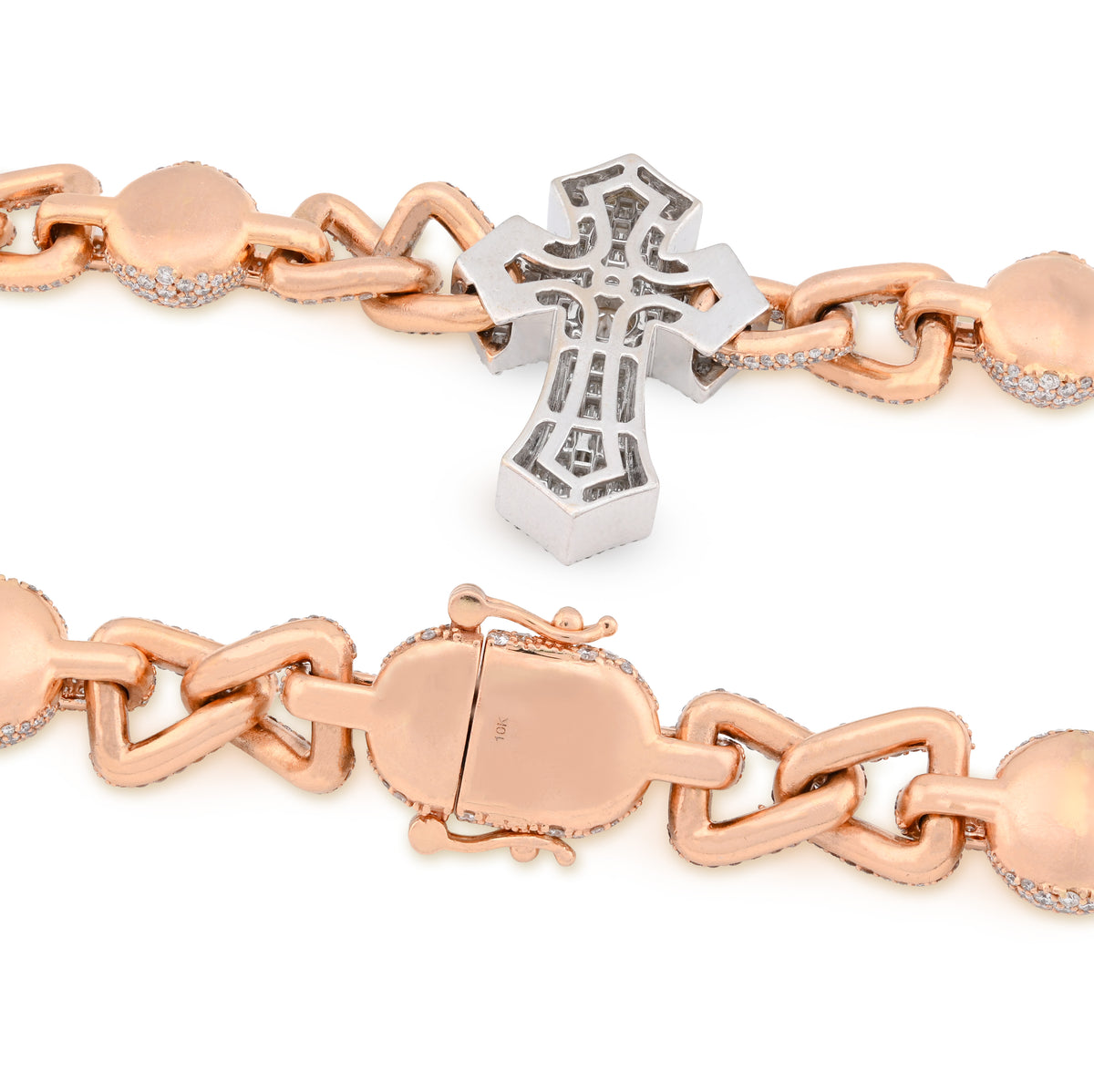 10K Rose/White Gold 2 Tone 28CT Natural Diamond ROund/Baguette Cross & Infinity Link Chain 22" Necklace — view 6