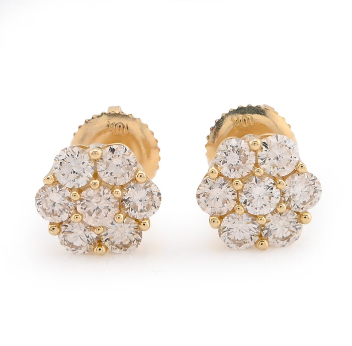 10K Yellow Gold 1CT Natural Diamond 7 Stone Flower Studs Men Women Earrings — view 1