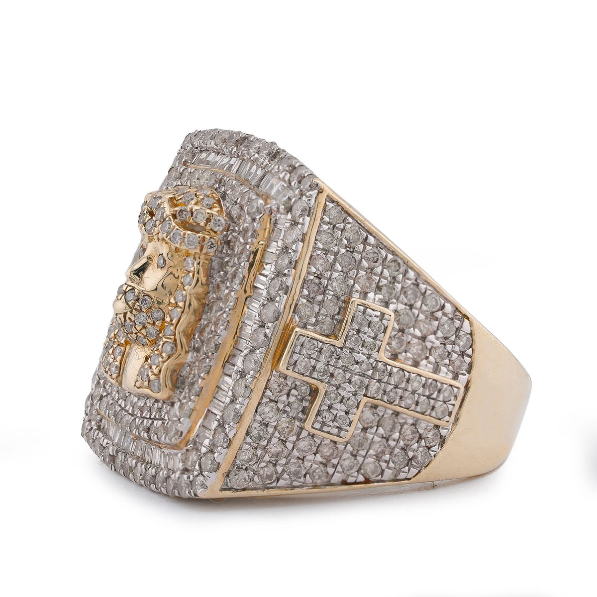 10K Yellow Gold Rectangular Shape Jesus Head w/ Cross Baguette Natural Diamond Men Pinky Ring — view 2