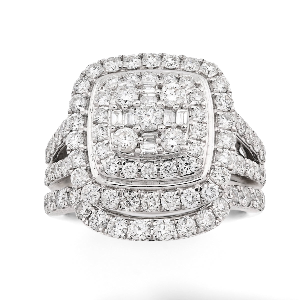 14K White Gold 1.98CT Natural Diamond Round/Baguette Big Square Women Ring Wedding Band — view 6