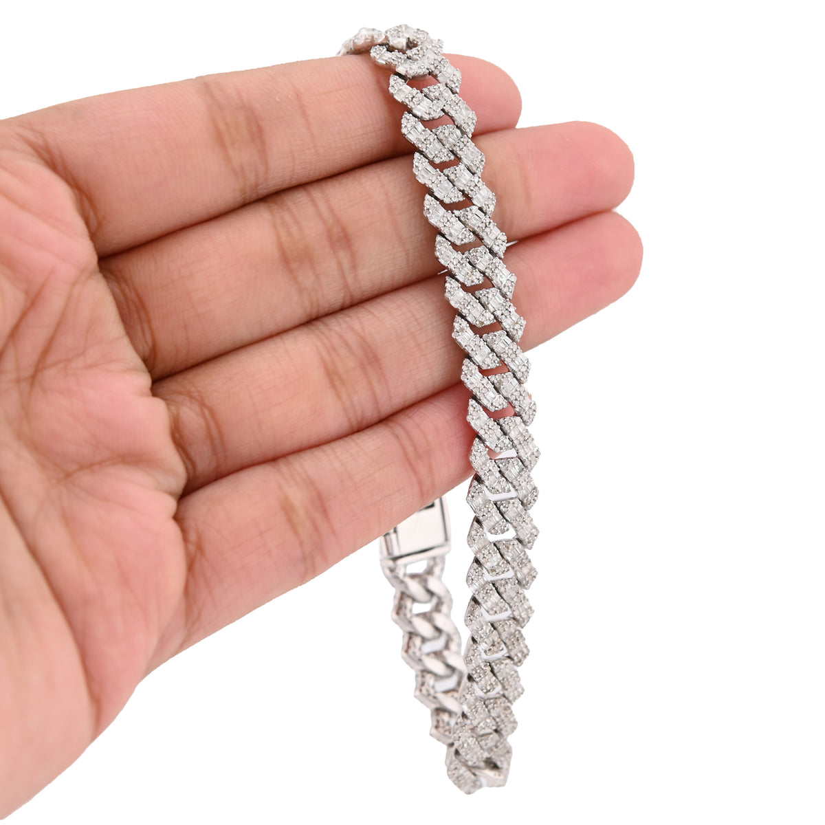 925 SS 6.19 CT Natural Diamond Round/Baguette 10MM Flat Cuban Link Bracelet 8" Men 29.6g — view 5
