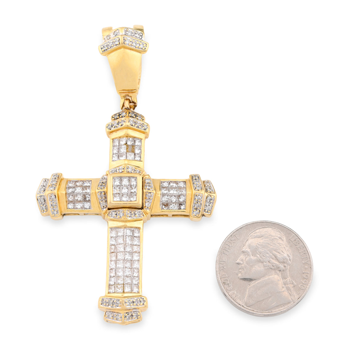 10K Yellow Gold Princess cut/Round 5CT Natural Diamond Religious Cross Pendant Men Women Charm — view 5