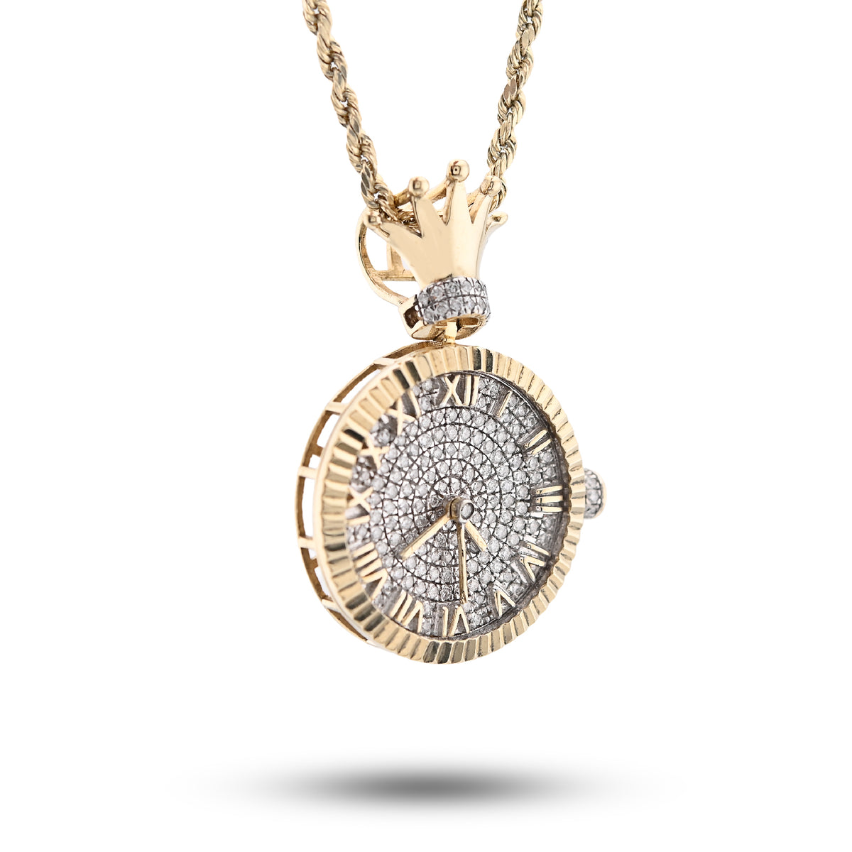 10K Yellow Gold 1Ct Natural Diamond 1Ct Clock Roman Dial Crown Pendant Men Women Charm — view 2