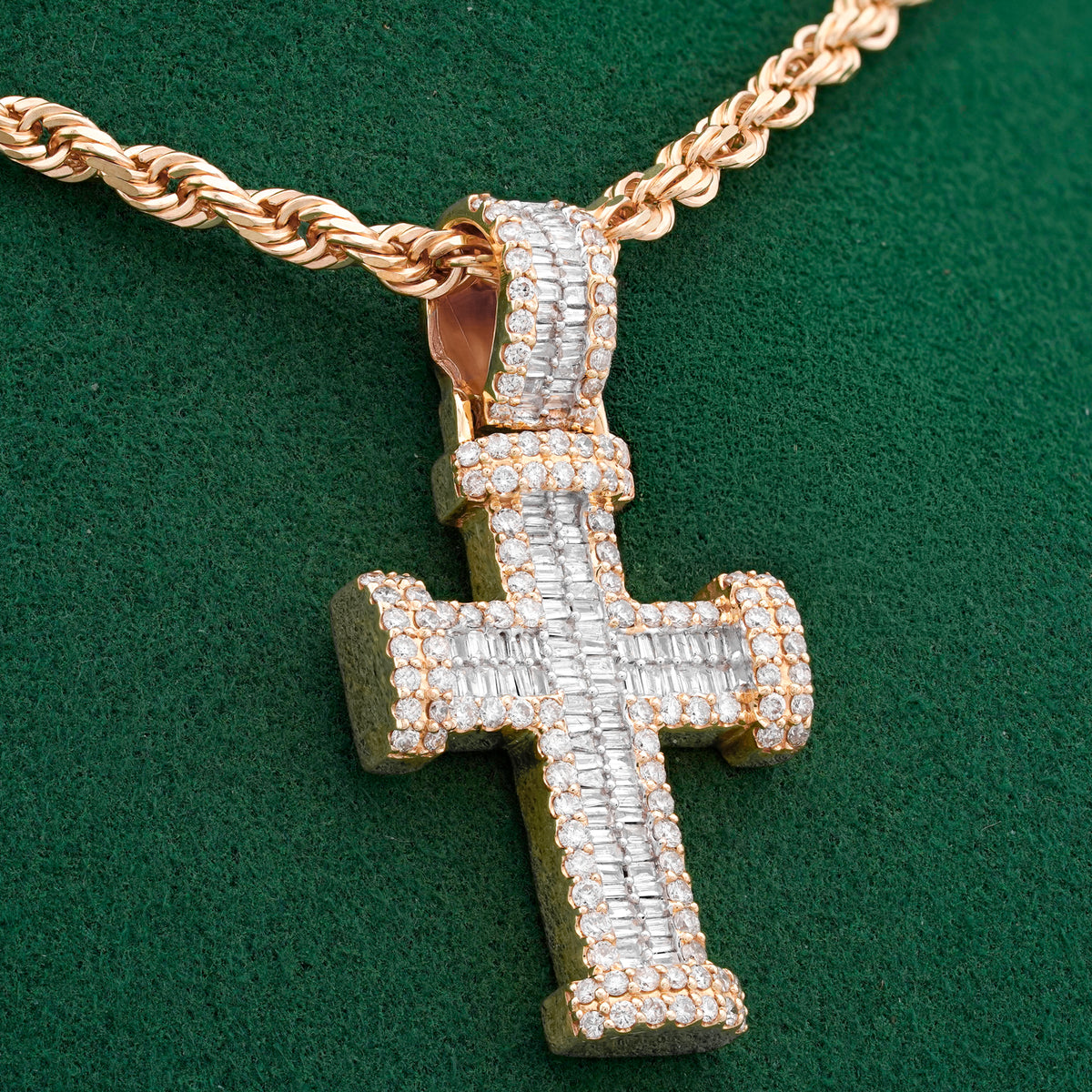 Cross Charm Baguette/ Round 1.55ct Natural Diamond 10K Gold Men Women Pendant
