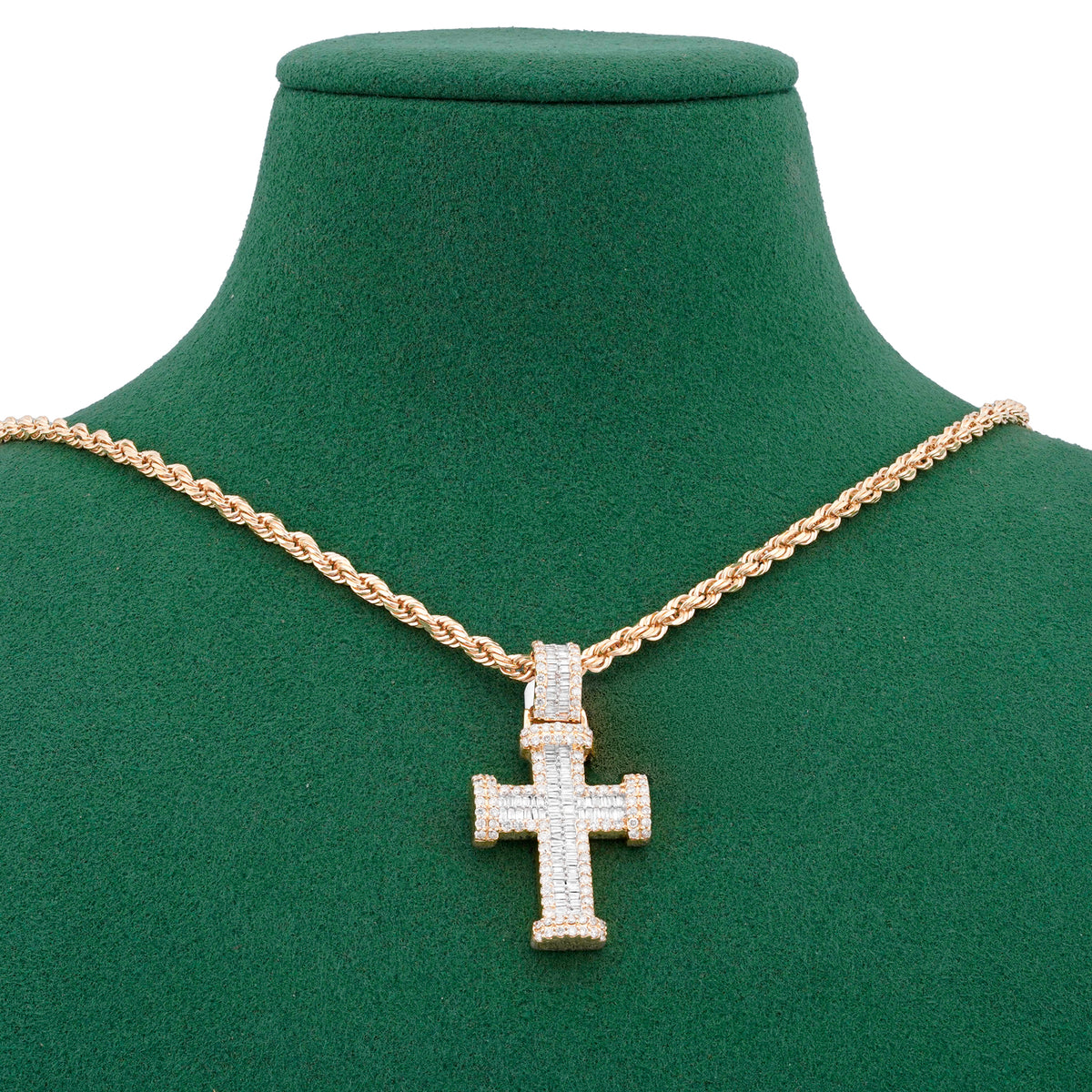 Cross Charm Baguette/ Round 1.55ct Natural Diamond 10K Gold Men Women Pendant