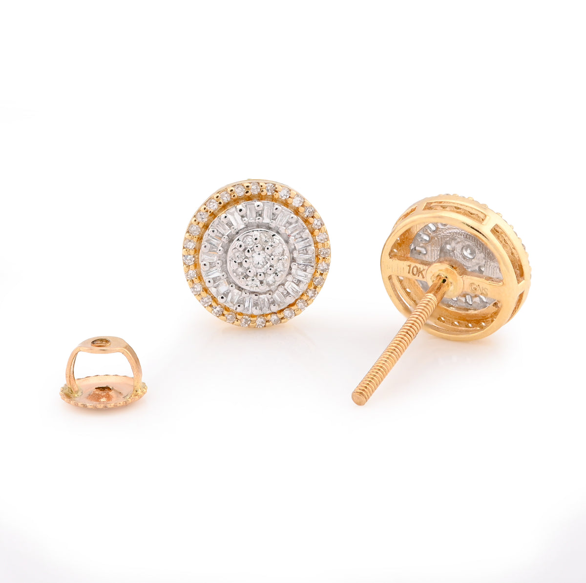 10K Yellow Gold 0.32CT Round/Baguette Natural Diamond Halo Cluster Flower Earrings Men Women Studs — view 4