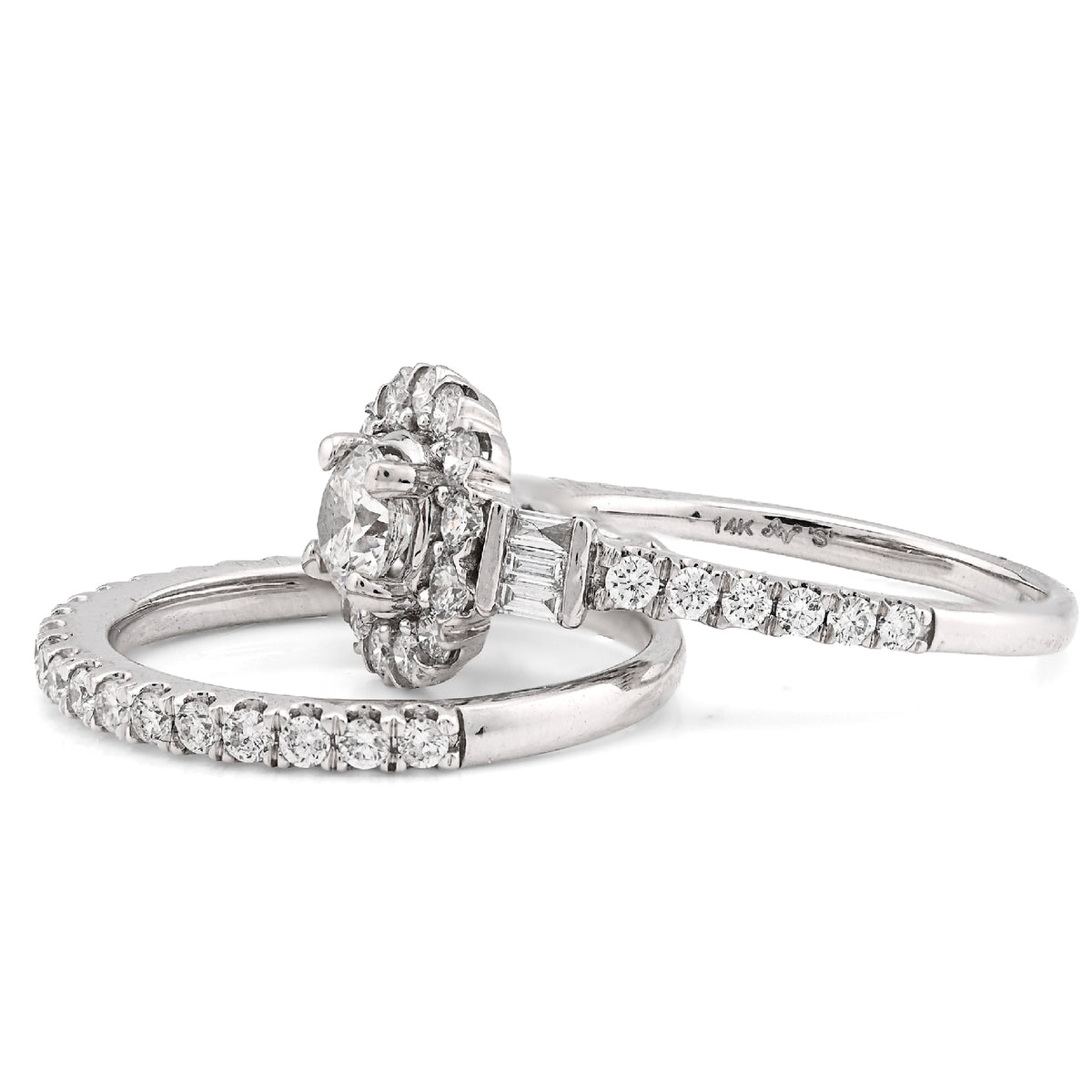 14K White Gold Solitaire/Baguette 1.50CT Natural Diamond Flower Women Wedding Ring — view 2