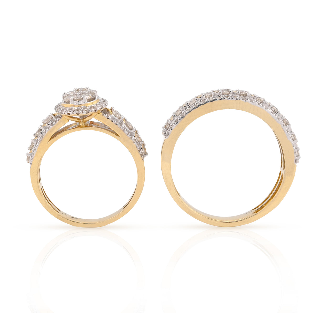 10K Yellow Gold 2CT Natural Diamond 2 Layer Oval Shape Round Men Women Wedding Ring Set — view 4