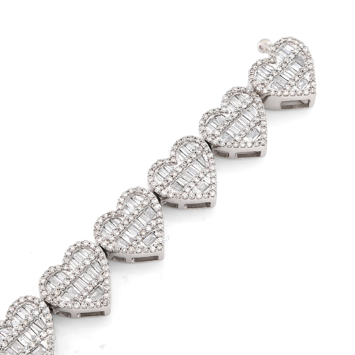 10K White Gold 2.52CT Round/Baguette Natural Diamond 7.5MM Tennis Heart Bracelet 7" 14.9g — view 6