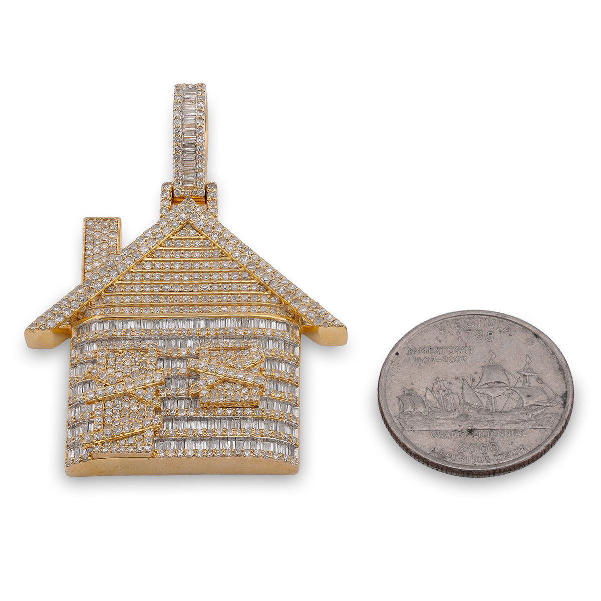 10K Yellow Gold Trap House Round/Baguette 9CT Natural Diamond Charm Pendant — view 7