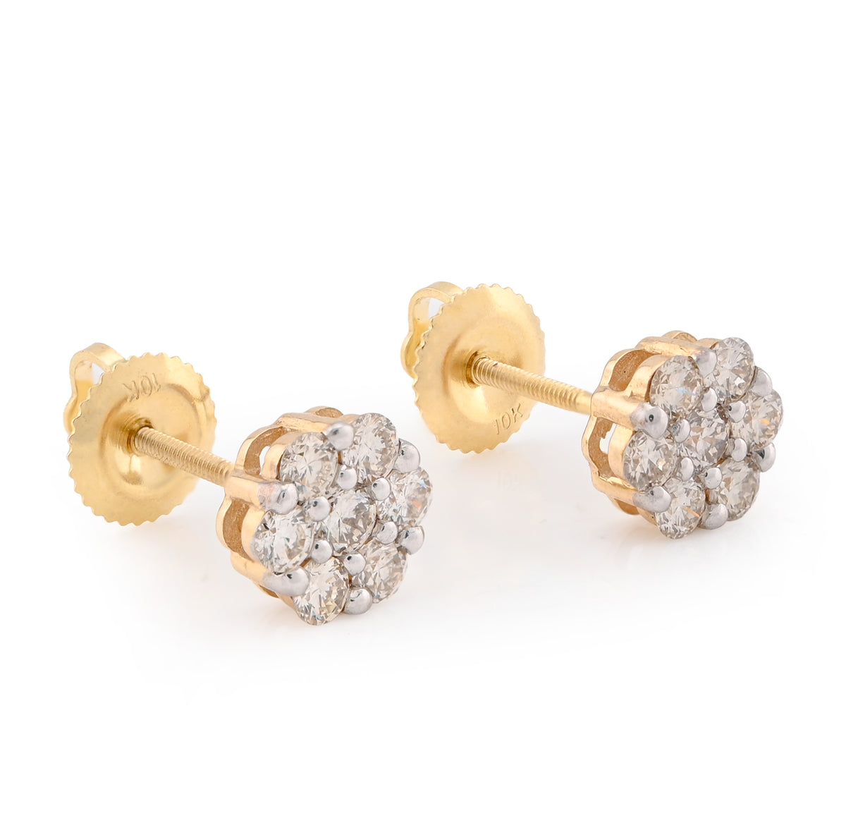10K Yellow Gold Flower Cluster Stud 0.75CT Natural Diamond Women Men Earrings — view 2