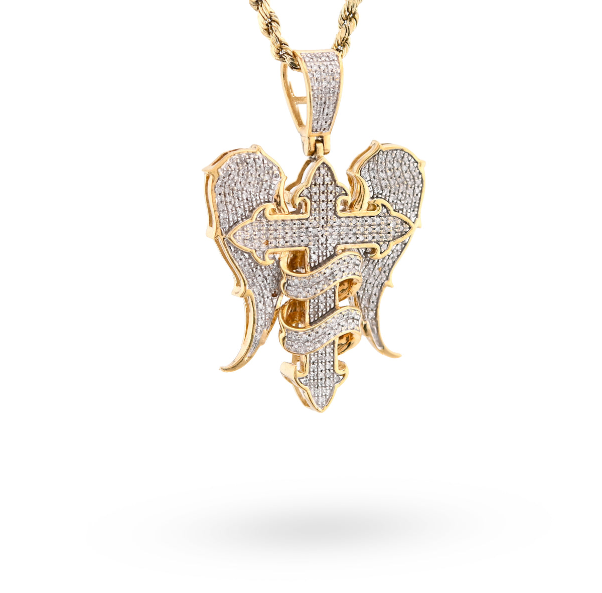10K Yellow Gold Cross with Angel Wings 0.83CT Natural Diamond Charm Men Women Pendant — view 2