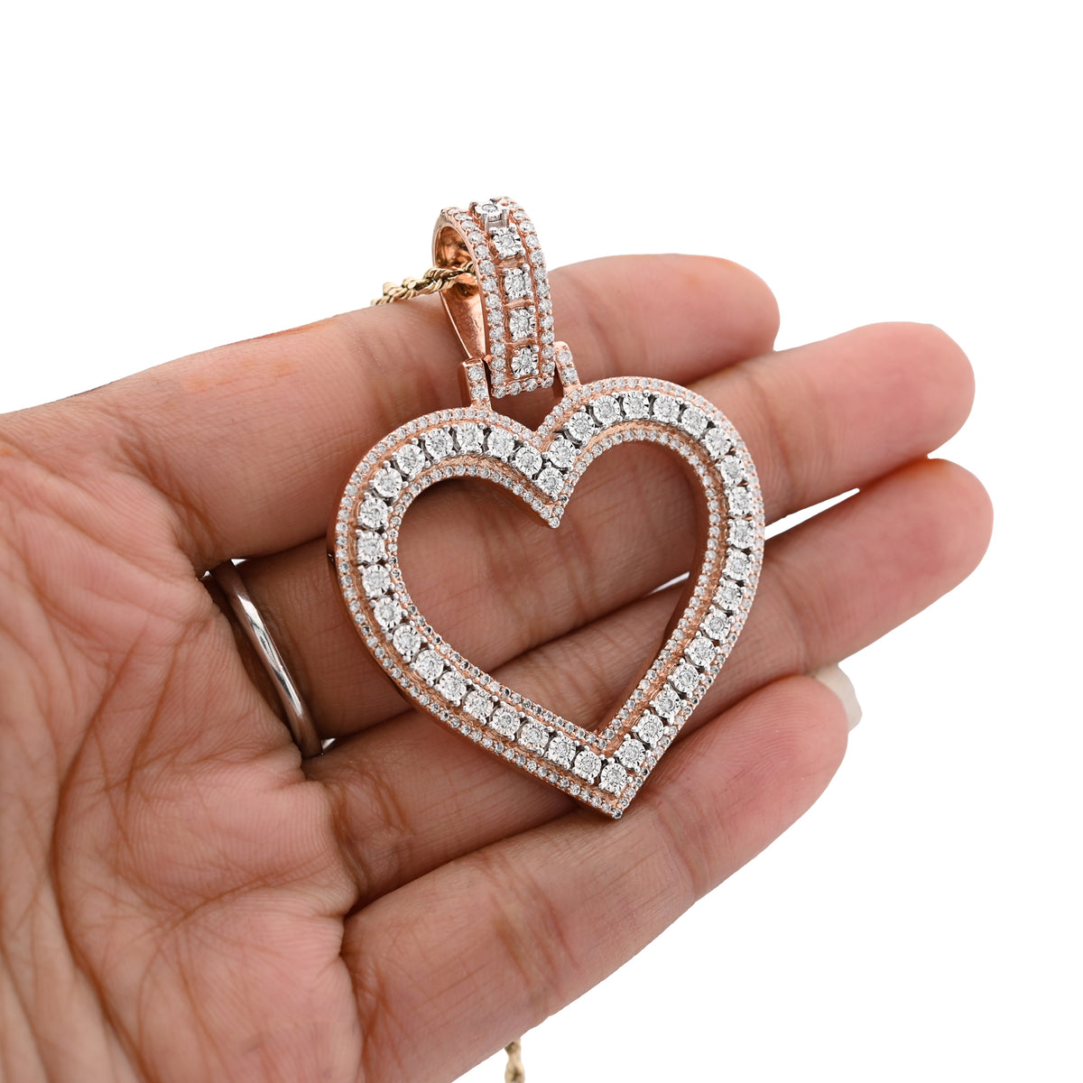 10K Rose Gold 1.5 CT Natural Diamond Heart Shape Pendant Illusion 54.7 MM Women Charm 19.8 g — view 6