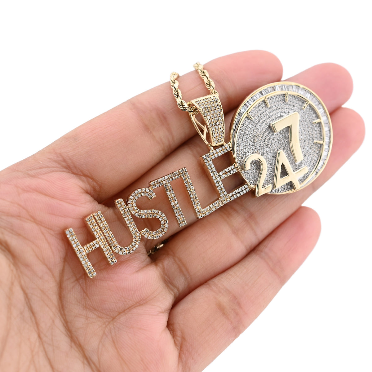 10K Yellow Gold 2CT Natural Baguette Diamond "HUSTLE 24/7" Custom Charm Men Pendant — view 4