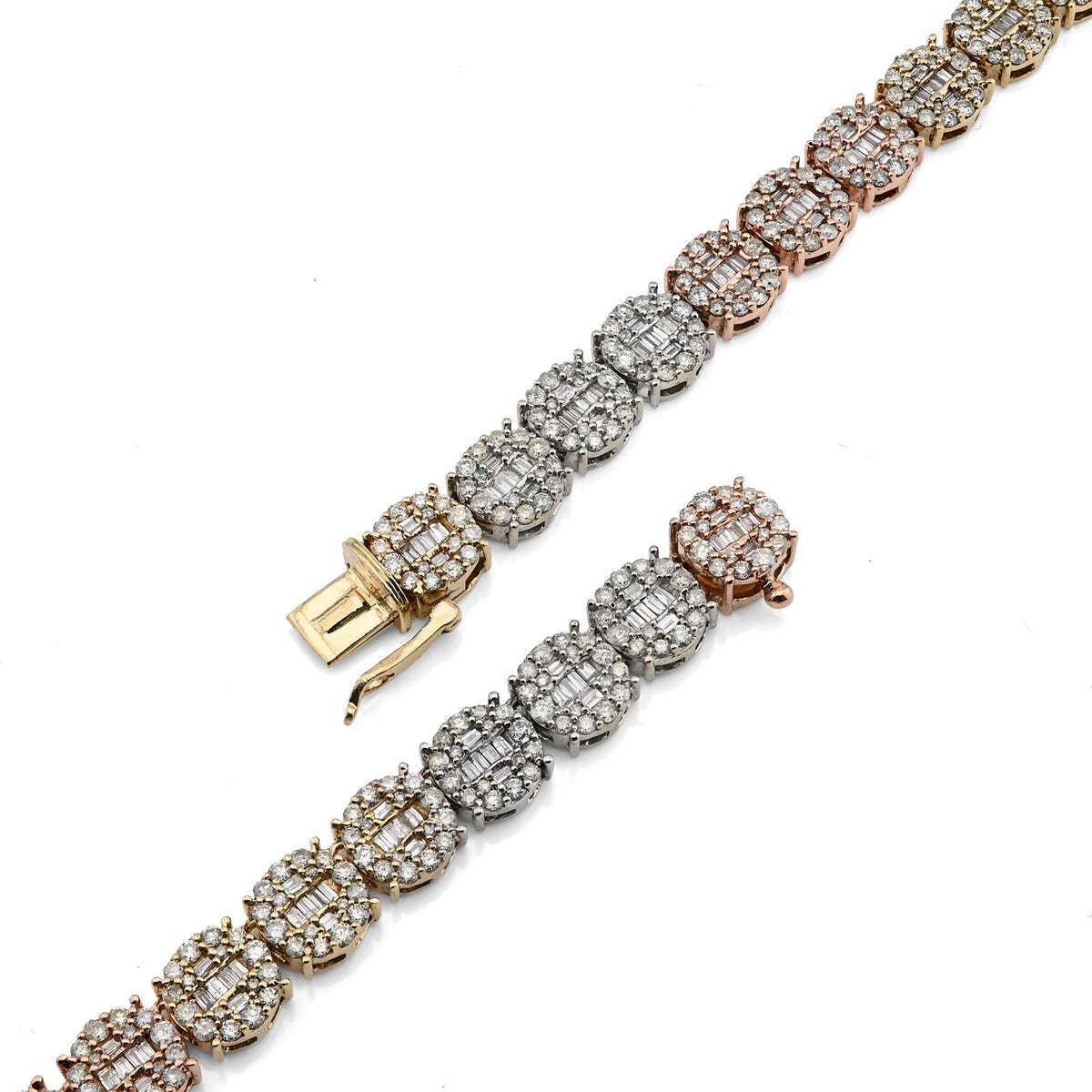 10K Yellow, White & Rose Gold 18.95 CT natural Diamond Round/Baguette 3 Tone Round Shape Tennis Chain — view 6