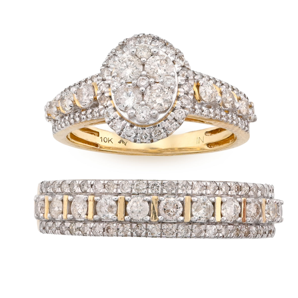 10K Yellow Gold 2CT Natural Diamond 2 Layer Oval Shape Round Men Women Wedding Ring Set — view 5