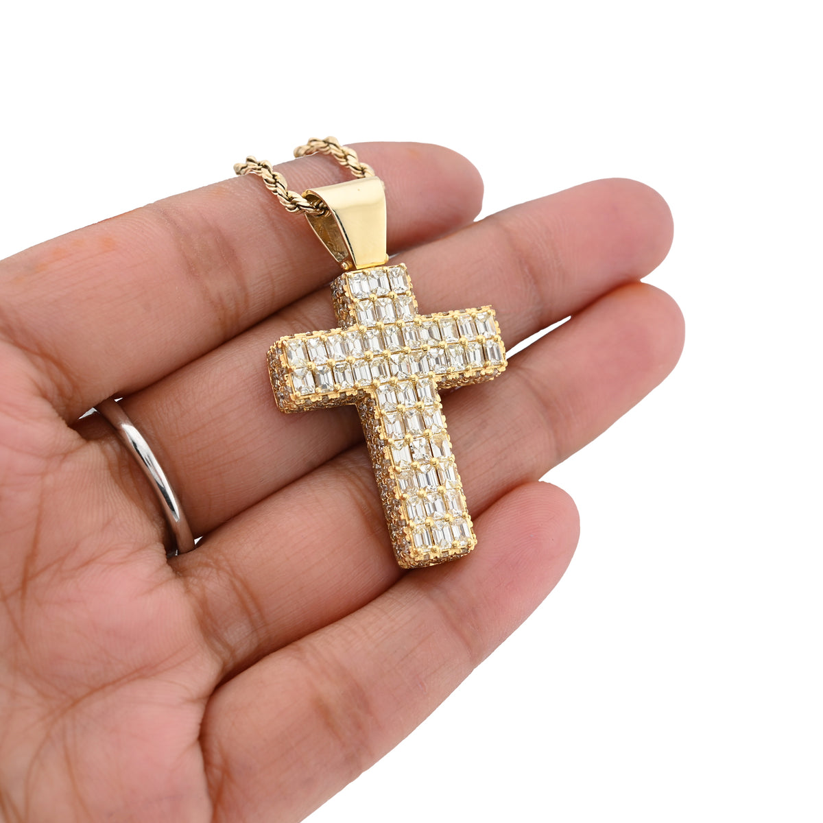 10K Yellow Gold 3.5 CT Natural Diamond Emeralds Religious Cross Pendant Men 12.3 g Charm 43.4 MM — view 3