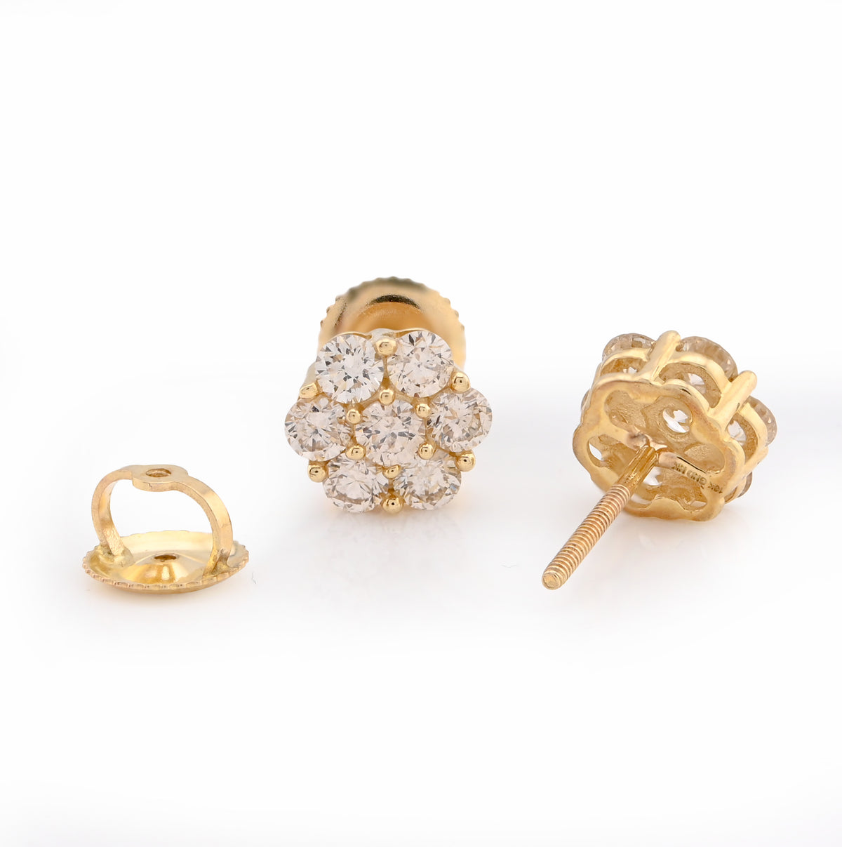 10K Yellow Gold 1CT Natural Diamond 7 Stone Flower Studs Men Women Earrings — view 4